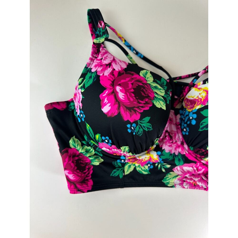 Torrid Underwire Strappy Front Bikini Top Swim Black Pink Floral Size 1 D/DD 1X - Picture 3 of 11